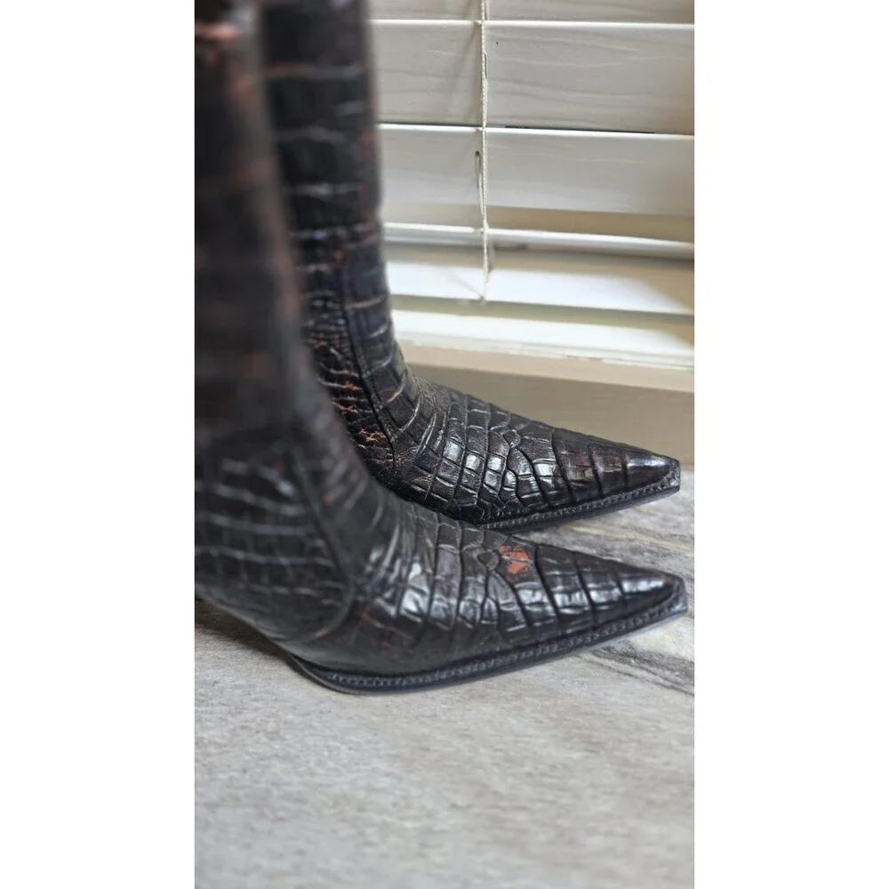 Dolce Pelle Women's Leather Croc Embossed Ankle Boots Pointed Toe Brown Size 6